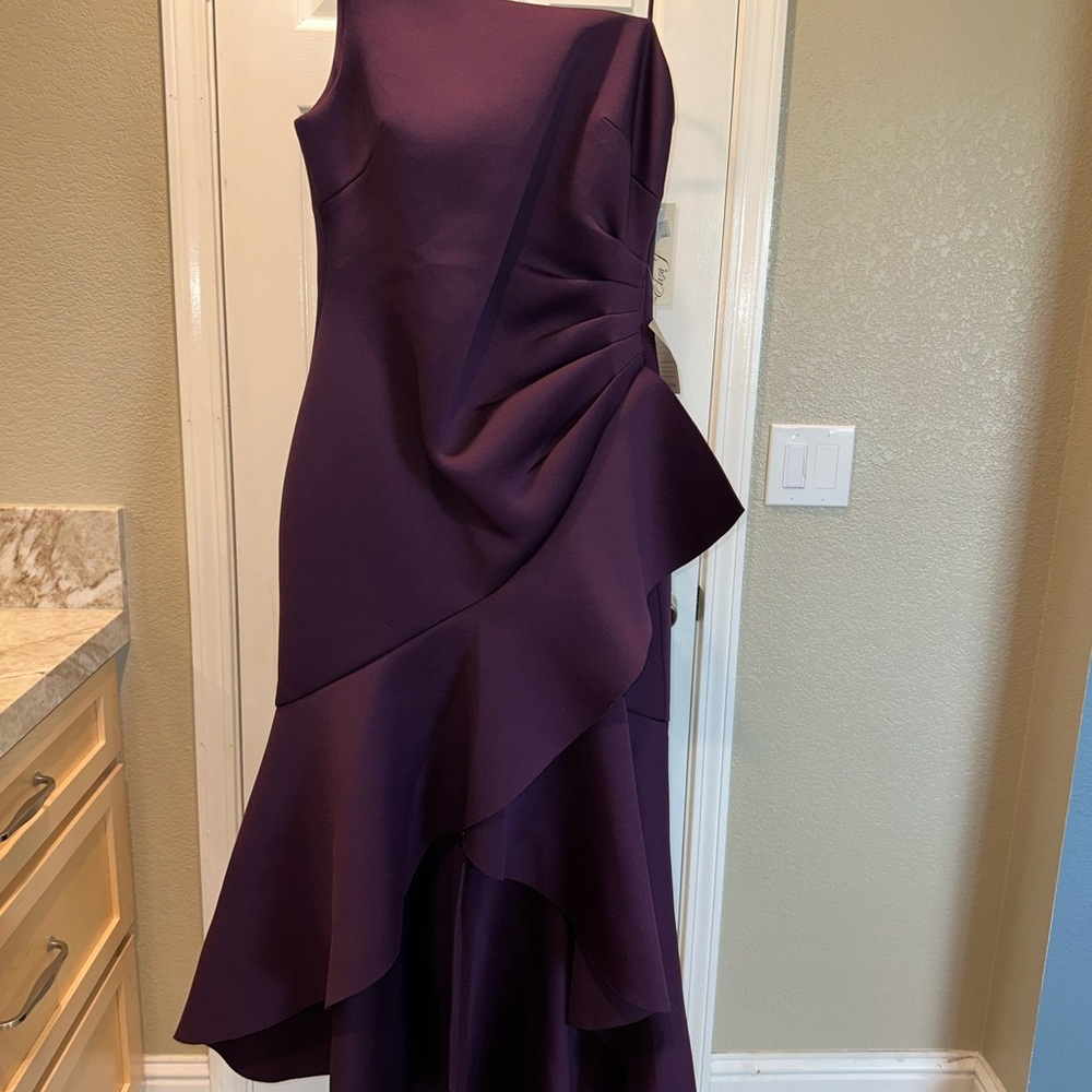 Eliza J Purple One Shoulder Cocktail Dress with Draped Asymmetrical Design